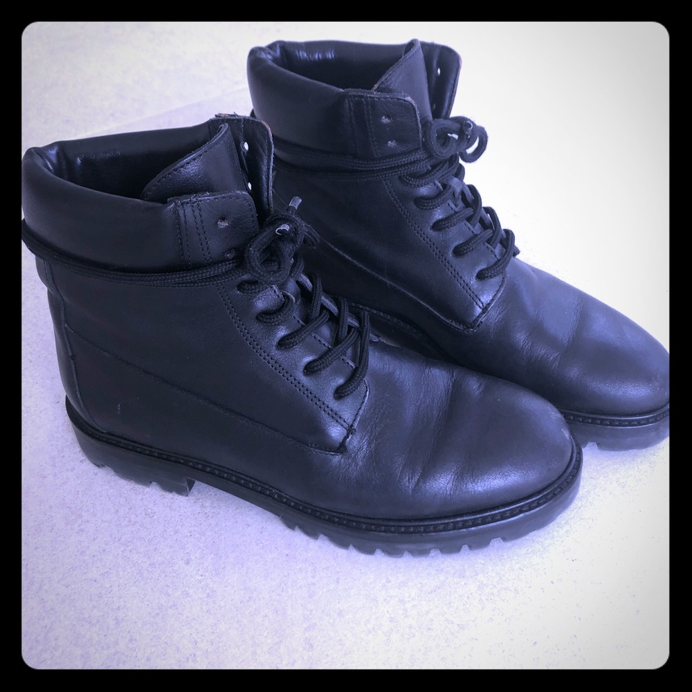 Vince Black Leather Lug Sole Ankle Boot